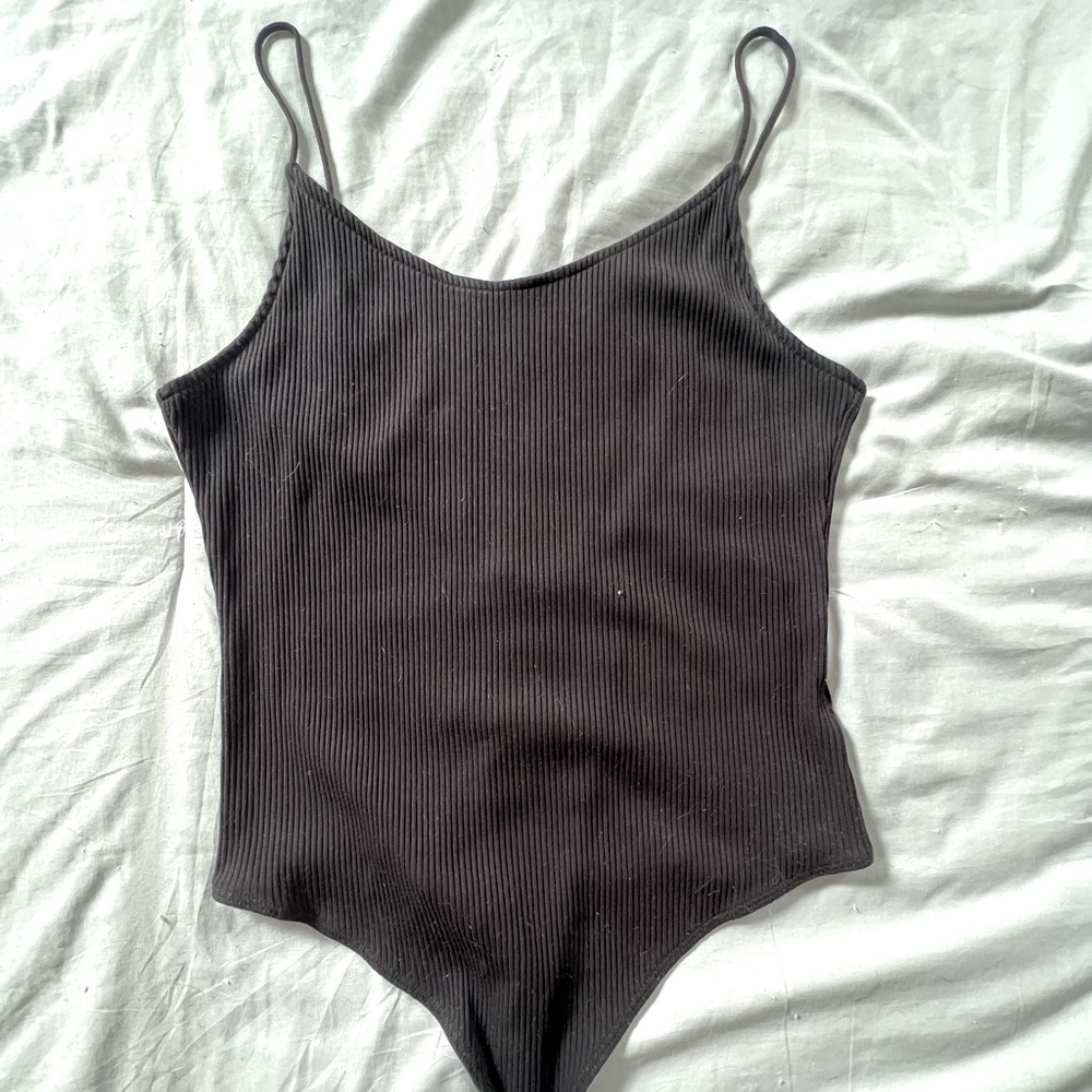 H&M Size M Spaghetti Strap Black Ribbed Thong Bodysuit